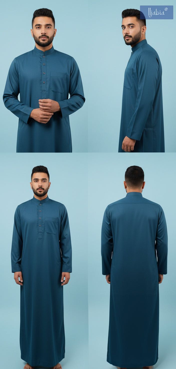 Saudi Collar Thobe - Premium TR Fabric - peacock Green