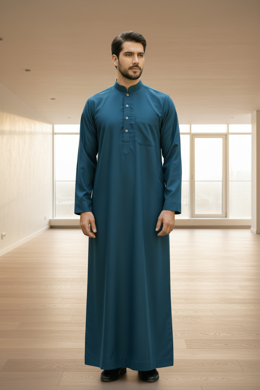 Saudi Collar Thobe - Premium TR Fabric - peacock Green