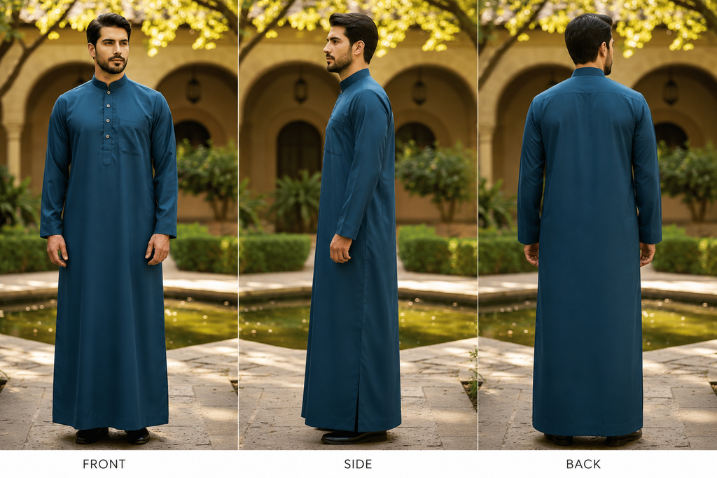 Saudi Collar Thobe - Premium TR Fabric - peacock Green