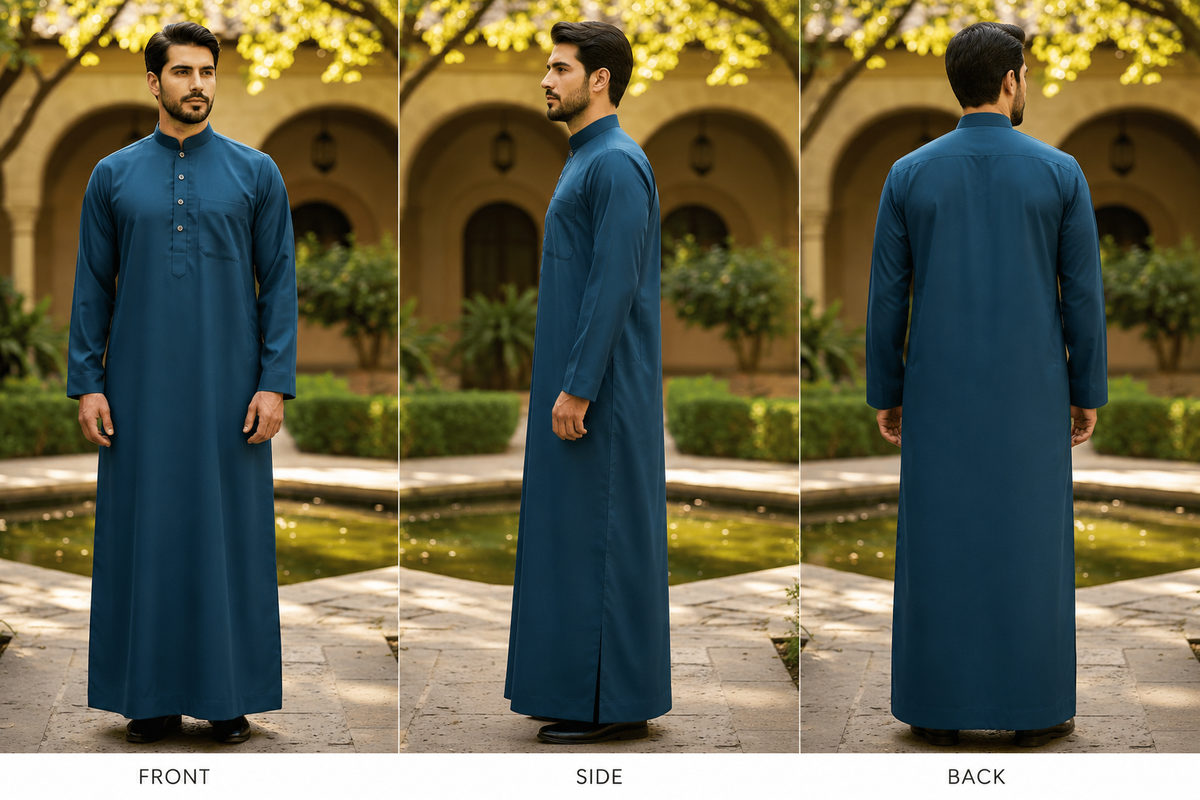 Saudi Collar Thobe - Premium TR Fabric - peacock Green