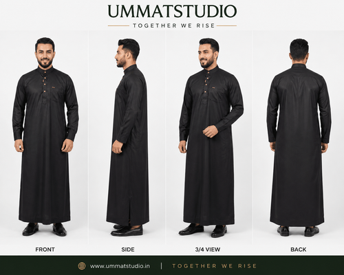 Saudi Collar Thobe - Premium TR Fabric - Black