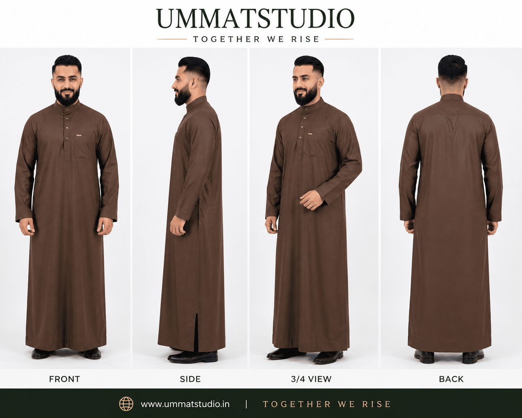 Saudi Collar Thobe - Premium TR Fabric - Brown