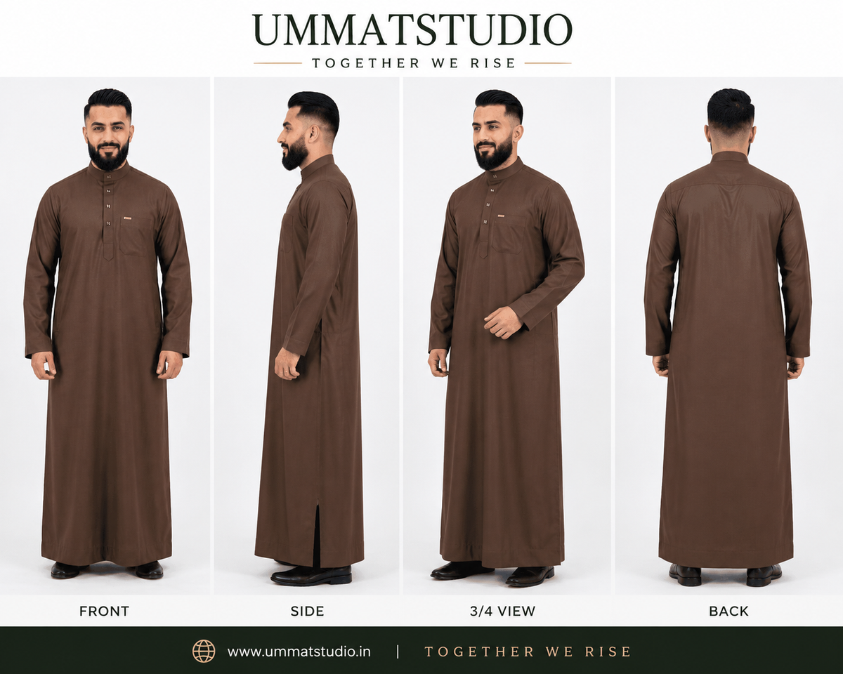 Saudi Collar Thobe - Premium TR Fabric - Brown