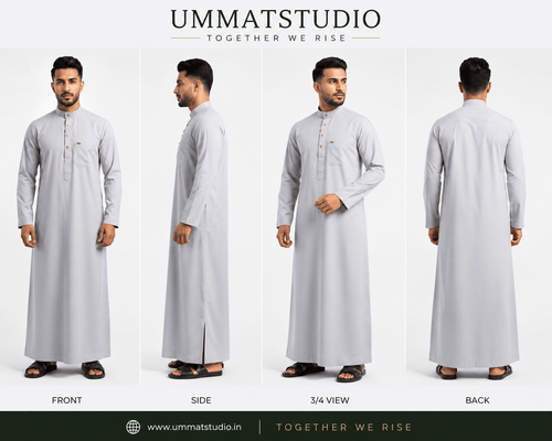 Saudi Collar Thobe - Premium TR Fabric - Light Grey