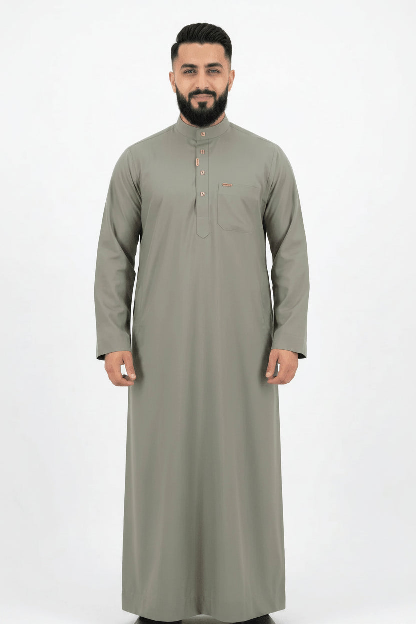Saudi Collar Thobe - Premium TR Fabric - Olive Green