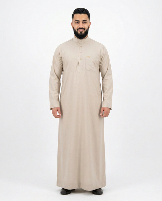 Saudi Collar Thobe - Premium TR Fabric - Beige