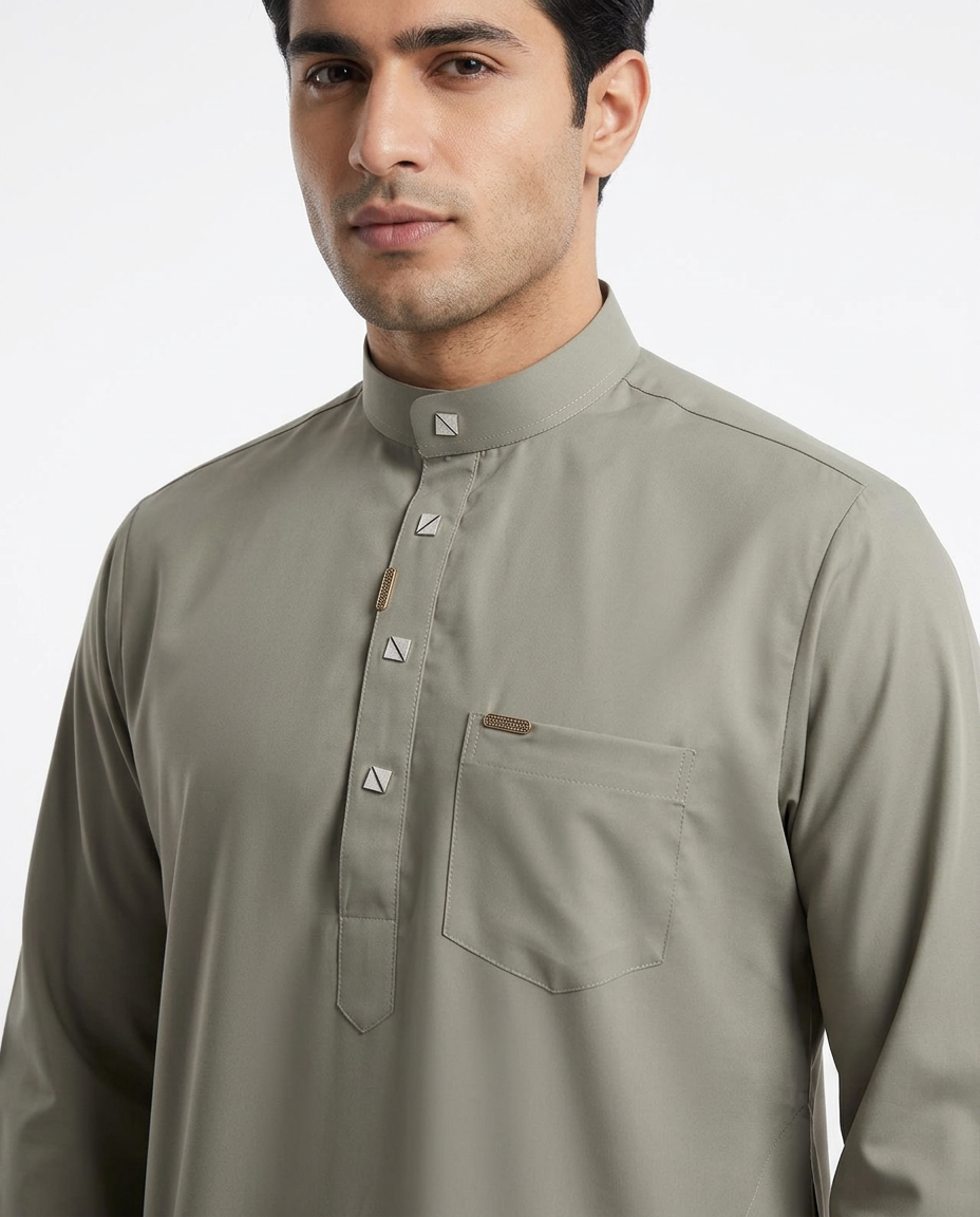 Saudi Collar Thobe - Premium TR Fabric - Olive Green