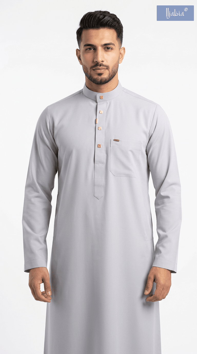 Saudi Collar Thobe - Premium TR Fabric - Light Grey