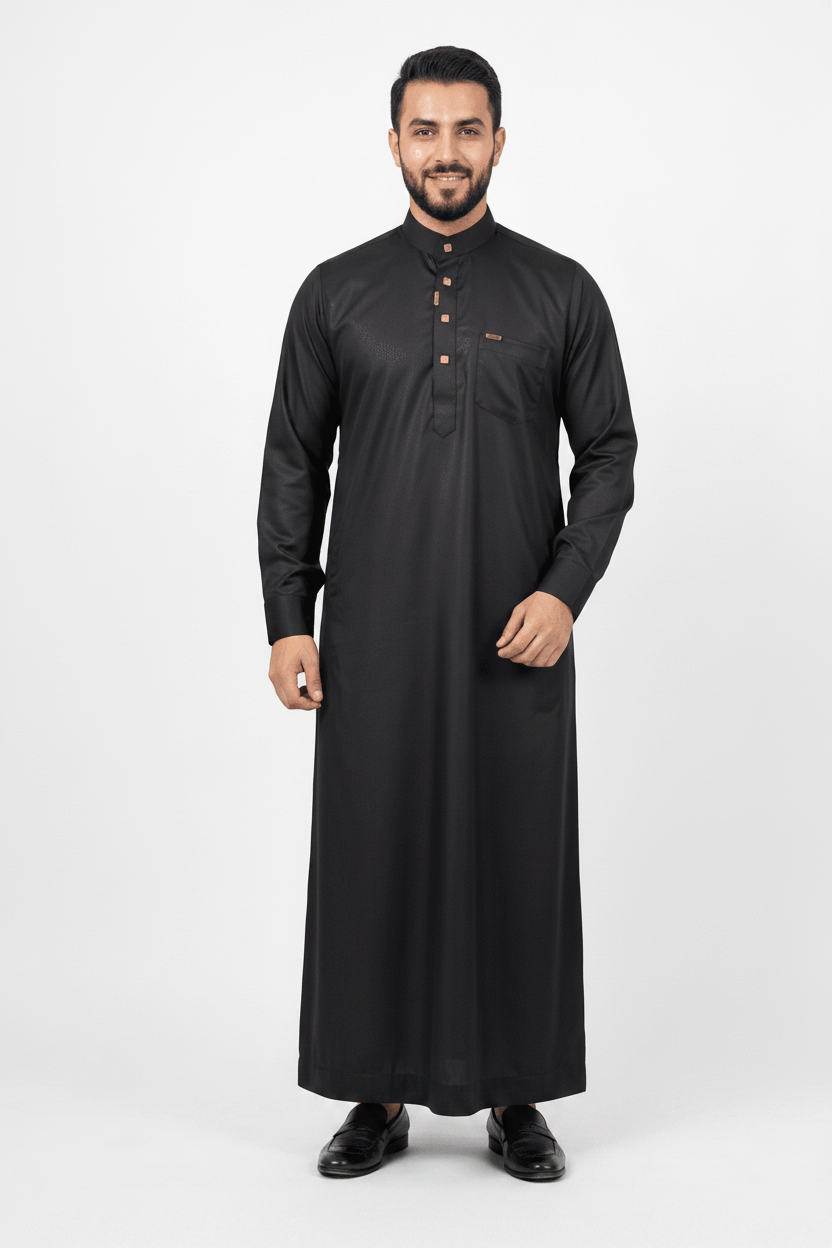 Saudi Collar Thobe - Premium TR Fabric - Black